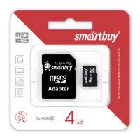 Карта памяти MicroSDHC  4GB Smartbuy class10 с адаптером